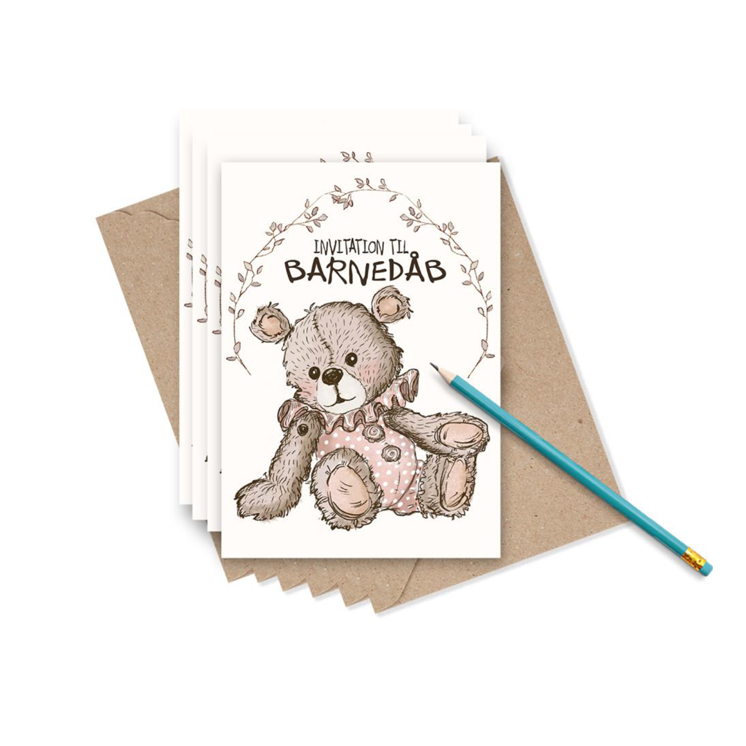 Indbydelser Barnedåb Med Teddybear Pige Stk - Mouse & Pen