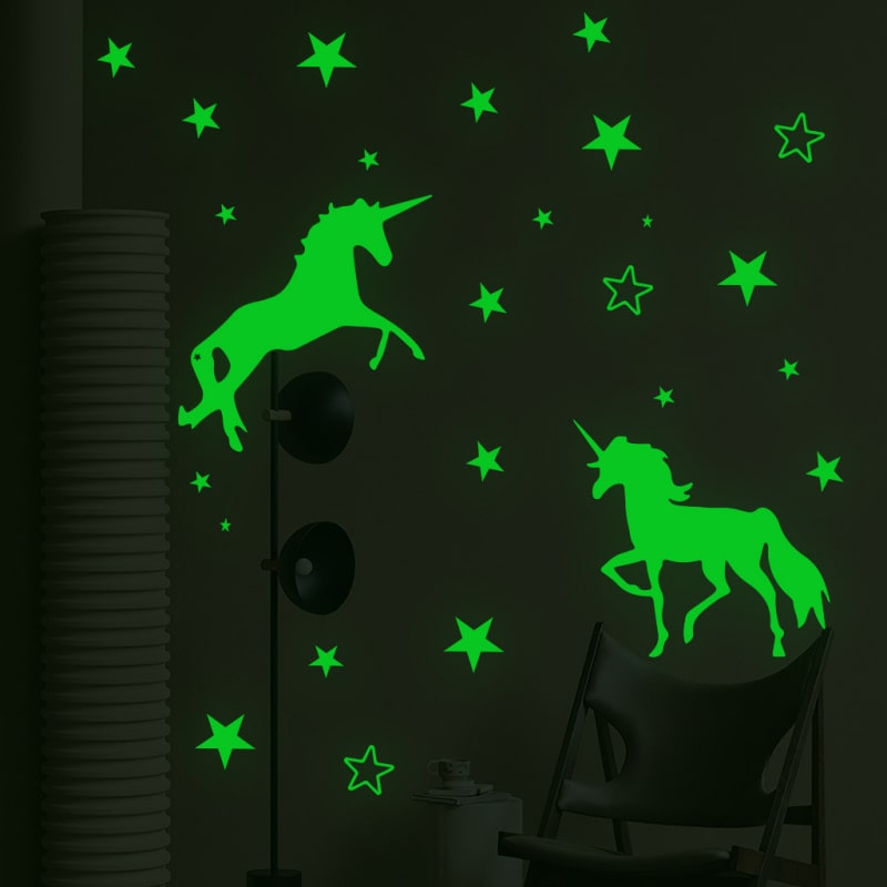 Grøn Selvlysende Enhjørning Wallsticker Med Enhjørninger Stjerner -